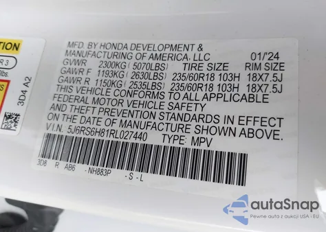 2024 Honda Cr-V Hybrid Sport-L из США, поврежденный, VIN 5J6RS6H81RL027440